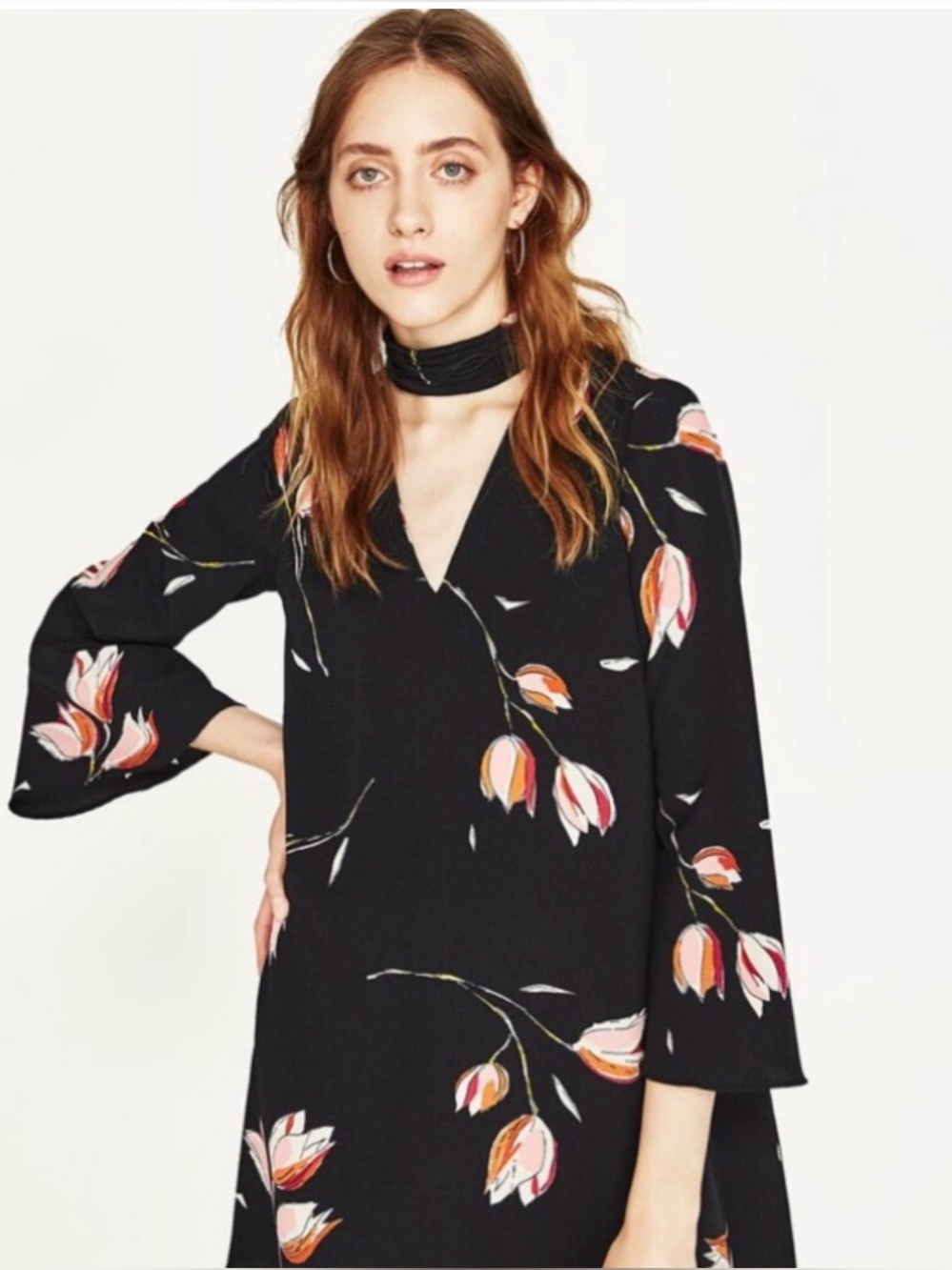 Zara Black Long-Sleeve Floral Shift Dress